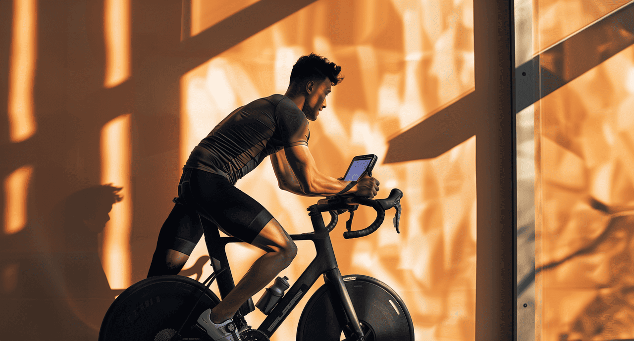 Man spinning on an indoor bike during sunset