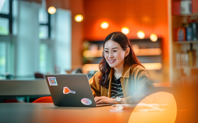 Female employee working on laptop in an office