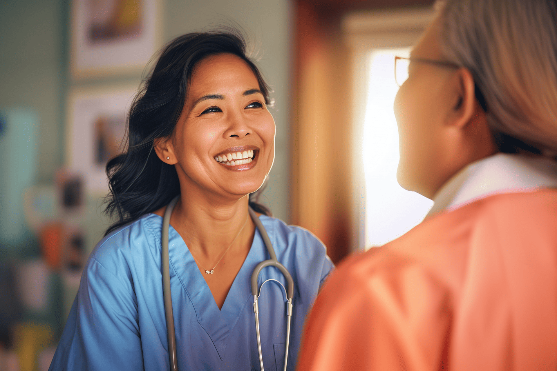 Smiling doctor chatting with her elderly patient in a homely clinic