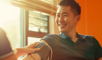 Man having a blood pressure check in an orange room