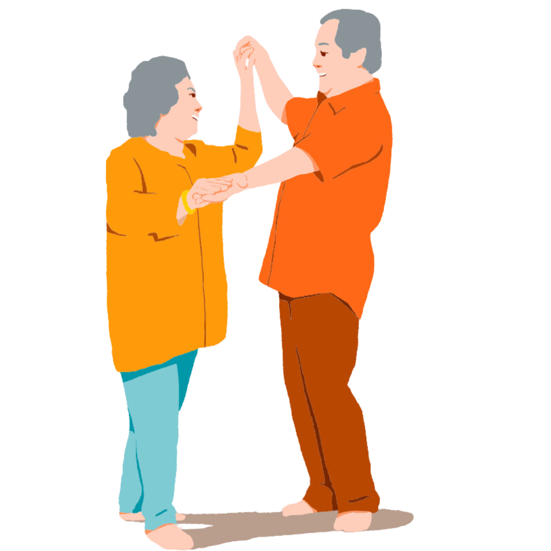 An elderly couple in orange clothing dancing