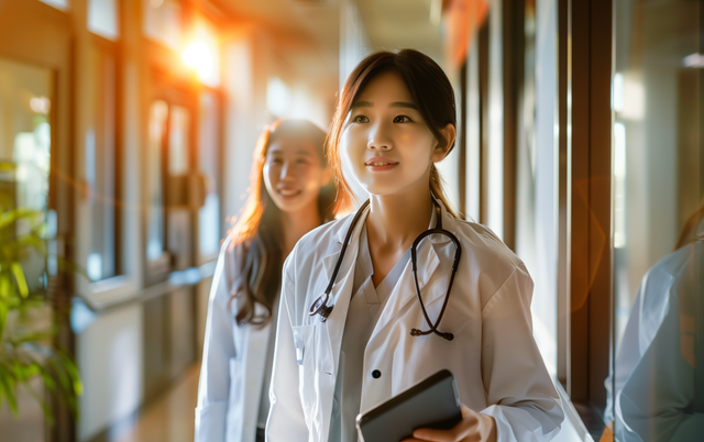Young intern doctor holding a tablet walking through the corridors of a hospital at sunset