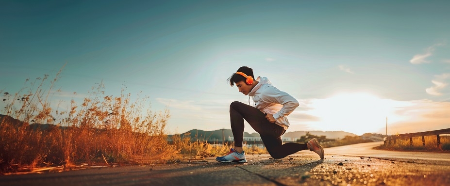 Man doing stretching exercises in an outdoor park at sunset