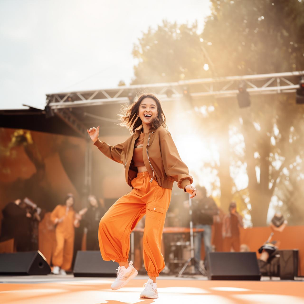 Young woman performing on a stage in a music festival