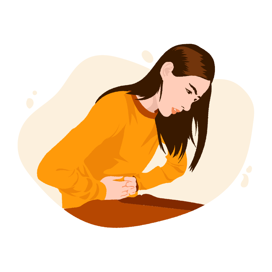An image of a girl having stomach pain and she’s holding her stomach.