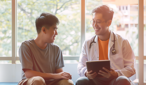 Male patient sitting with a male doctor showing results on a tablet in a clinic