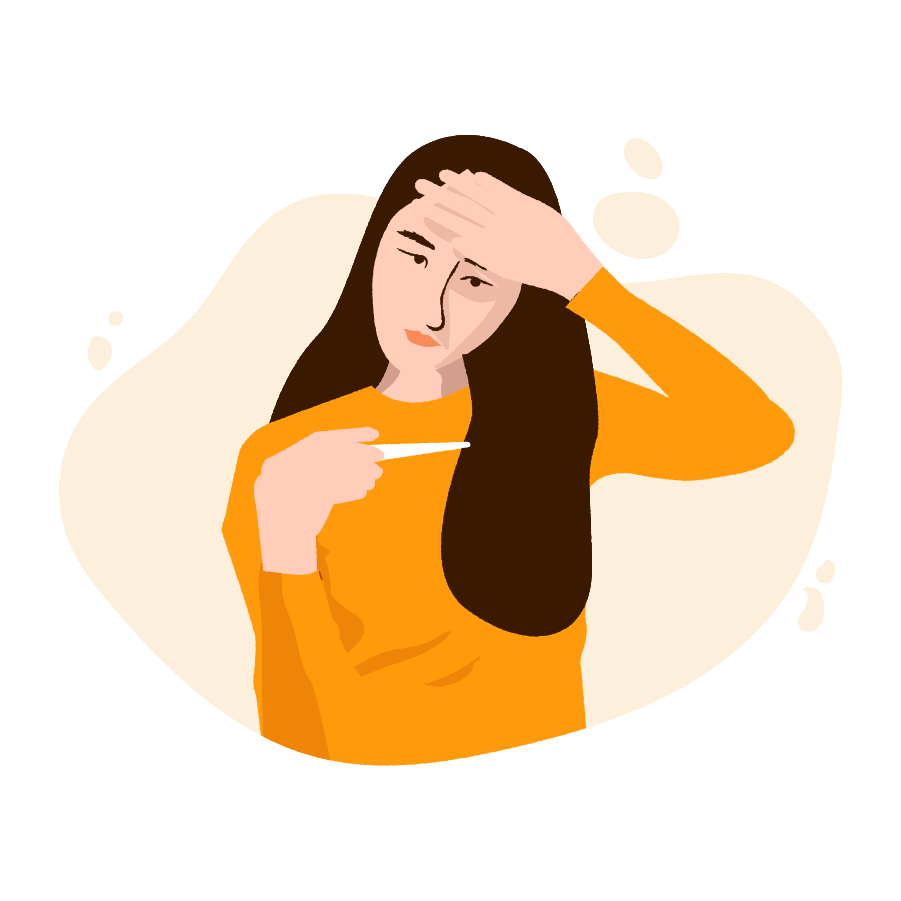 An image of a girl checking her temperature with a thermometer.