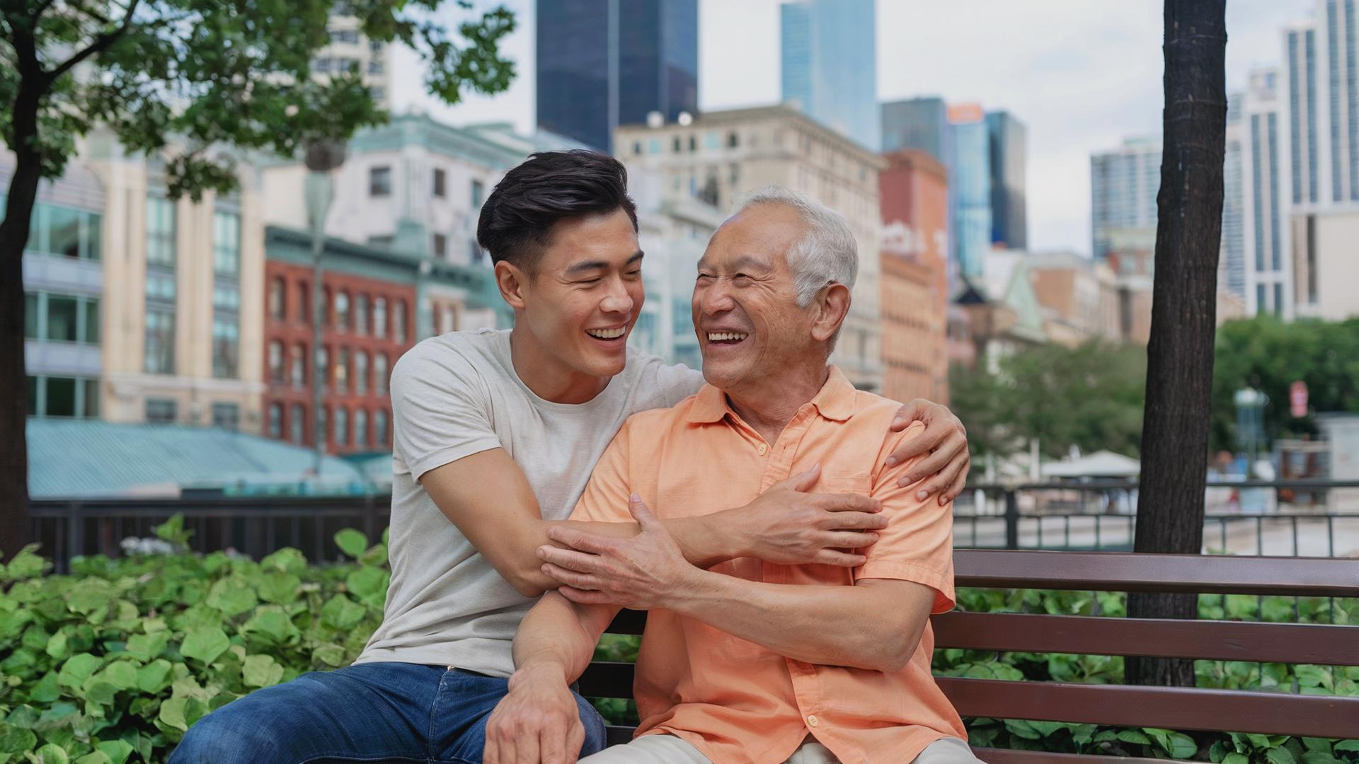 Grandson and grandfather bonding at a park