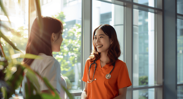 Doctor and nurse having a lighthearted conversation next to large window