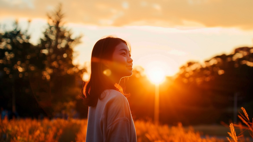 Young female standing in an open field at sunset