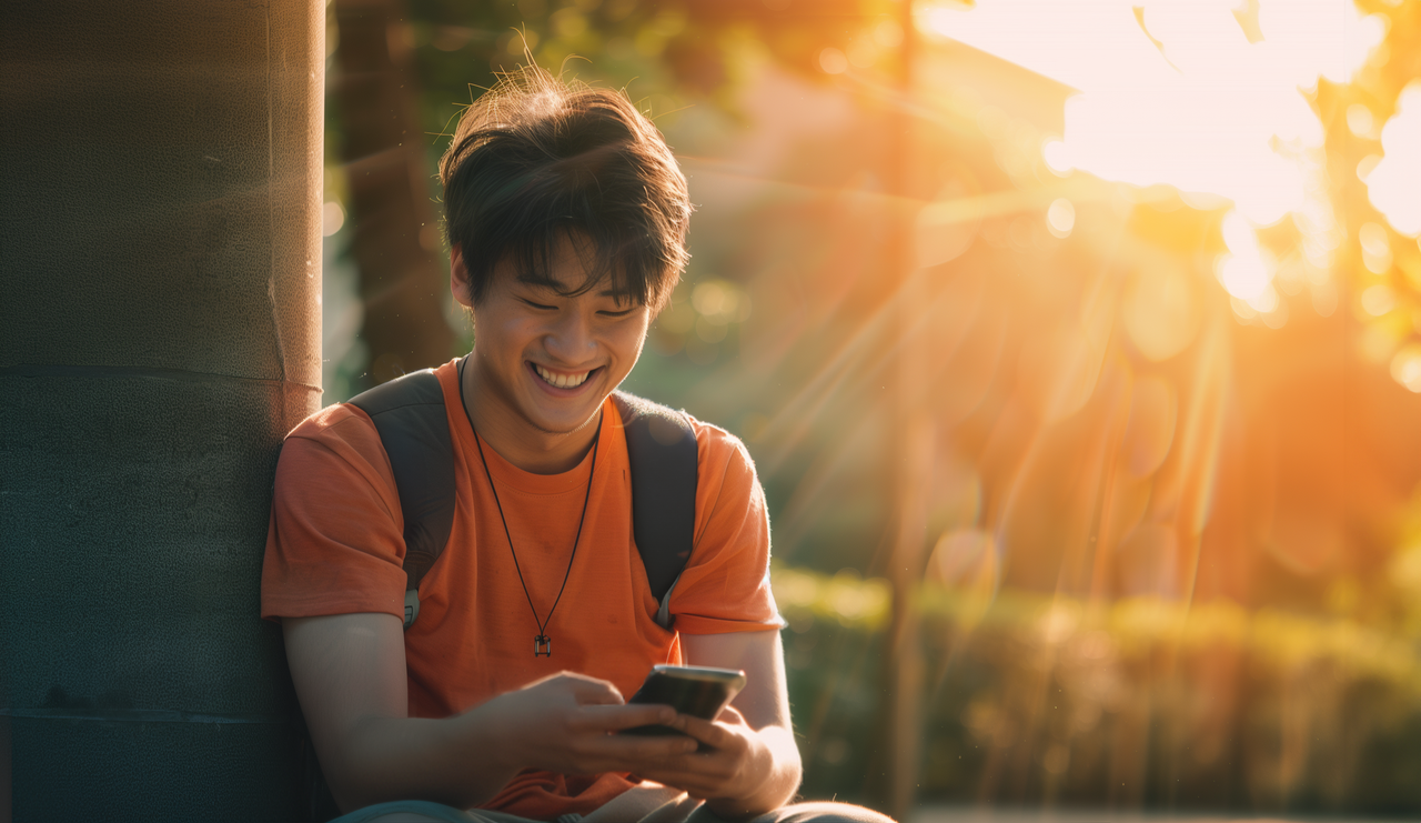 University Student young man texting on a phone in the park during sunset.png
