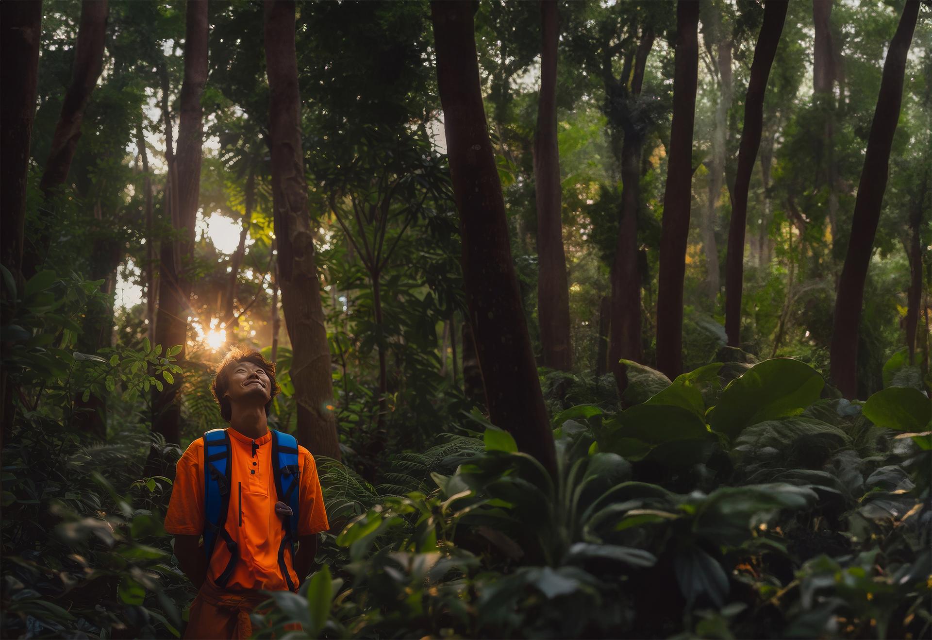 A man wearing orange hiking gear looking up at a forest, many plants and trees surrounding him